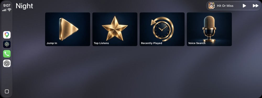 tuvalindë on a car's CarPlay screen: the app dock on the left, and four gold tiles named Jump In, Top Listens, Recently Played and Voice Search